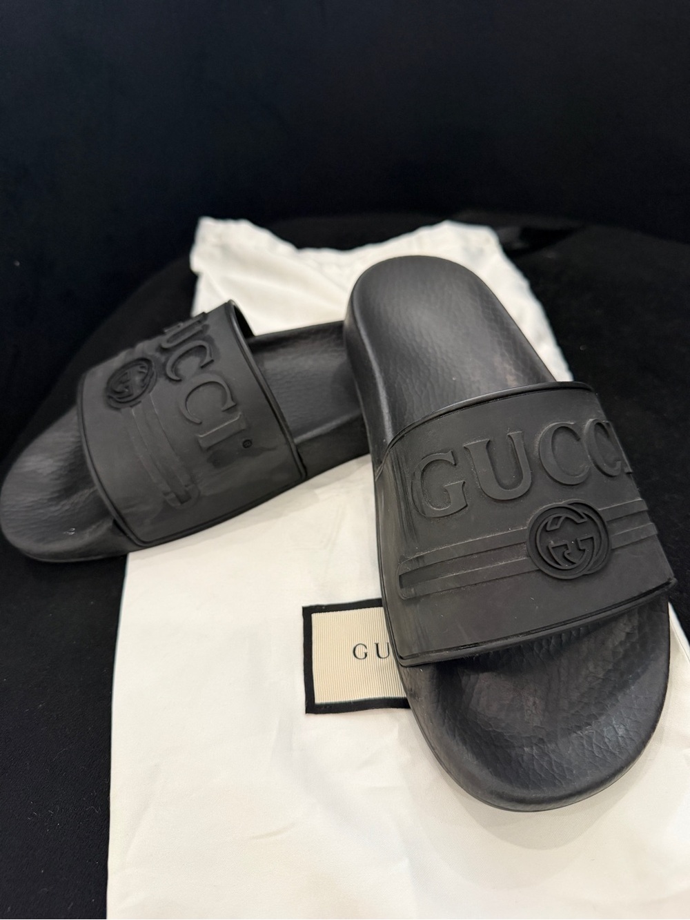 Gucci Matte Black Embossed Logo Slide Sandals - Picture 5 of 5